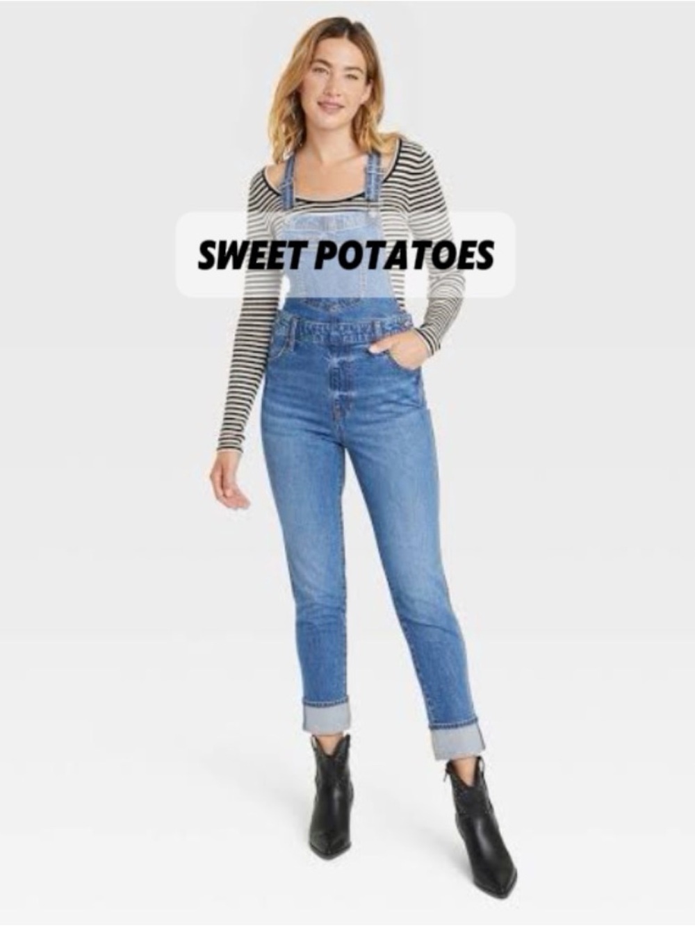 Sweet Potatoes Denim Overalls, skinny leg, medium wash, stretchy S/M (Youth XL)